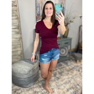 V Neck Basic Boyfriend Tee Short Sleeve Dark Burgundy 0323